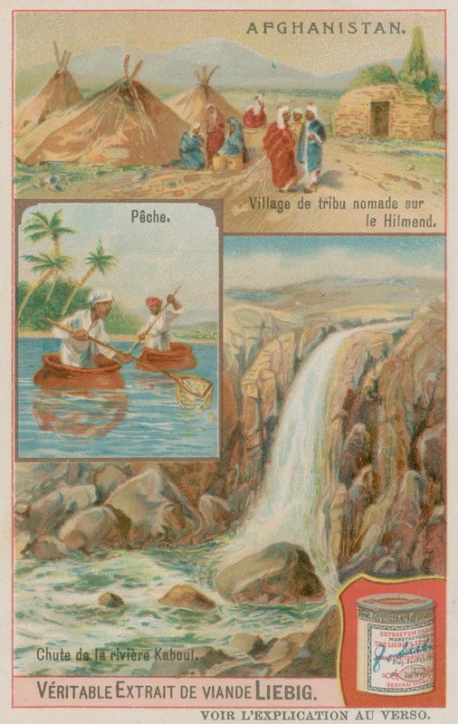 Ein Wasserfall des Kabul-Flusses mit Fischern und einem nomadischen Stammesdorf in Helmand von European School