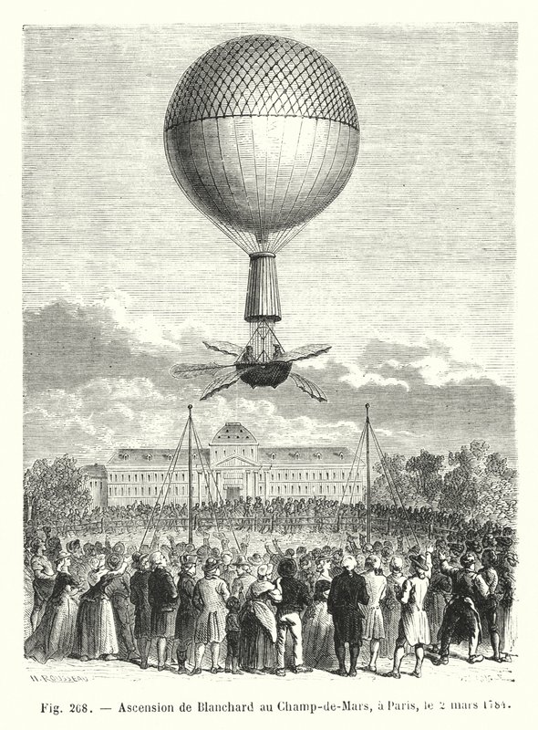 Aufstieg von Blanchard auf dem Champ-de-Mars in Paris, am 2. März 1784 von European School