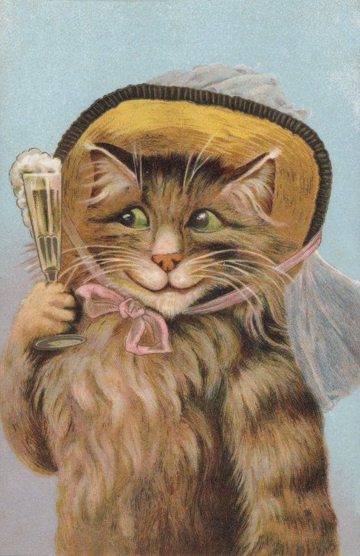 Katze mit Hut und einem Glas Champagner von European School