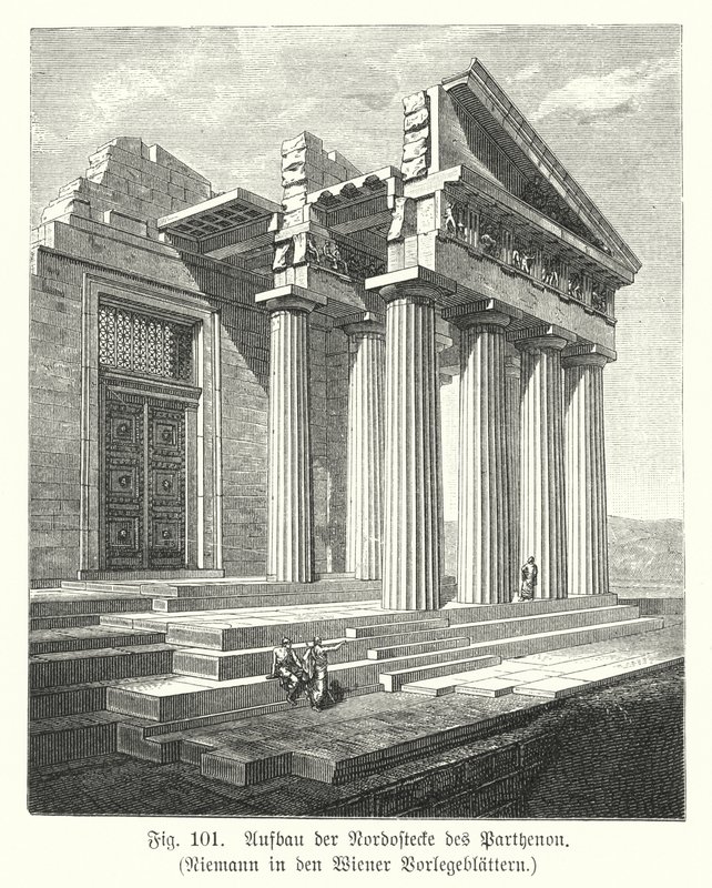 Bau der nordöstlichen Ecke des Parthenons, Athen, Antikes Griechenland (Gravur) von European School
