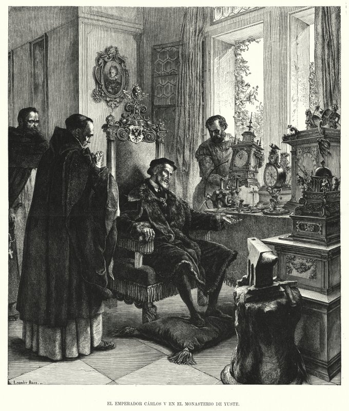 Kaiser Karl V. im Ruhestand im Kloster von Yuste, Spanien, nach seiner Abdankung von European School
