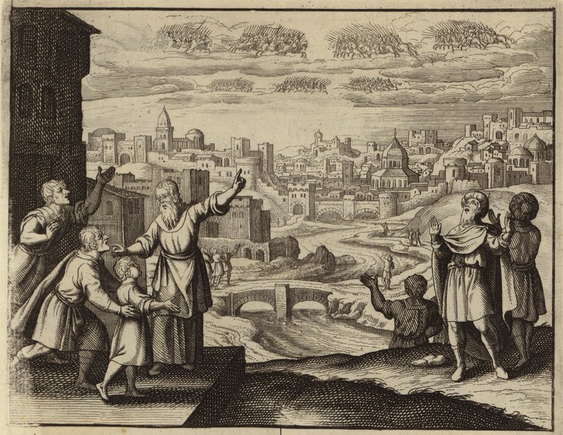 Goldbekleidete Kavallerie in der Luft über Jerusalem (Gravur) von European School