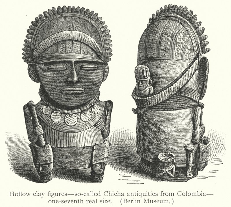 Hohle Tonfiguren, sogenannte Chicha-Antiquitäten aus Kolumbien (Gravur) von European School