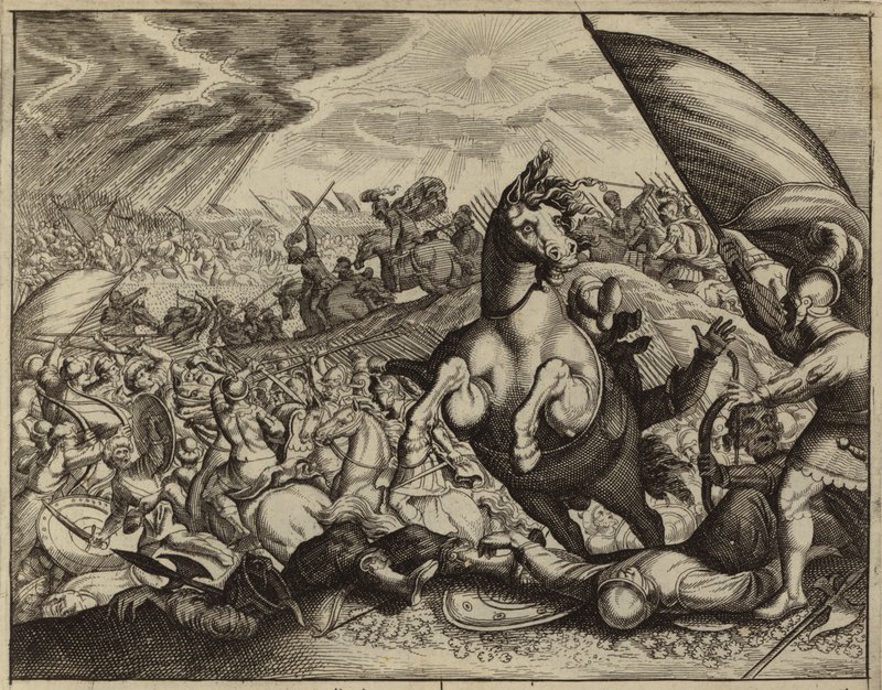 Israeliten besiegen die Amoriter-Armee, nachdem Josua Sonne und Mond befohlen hat, stillzustehen (Stich) von European School