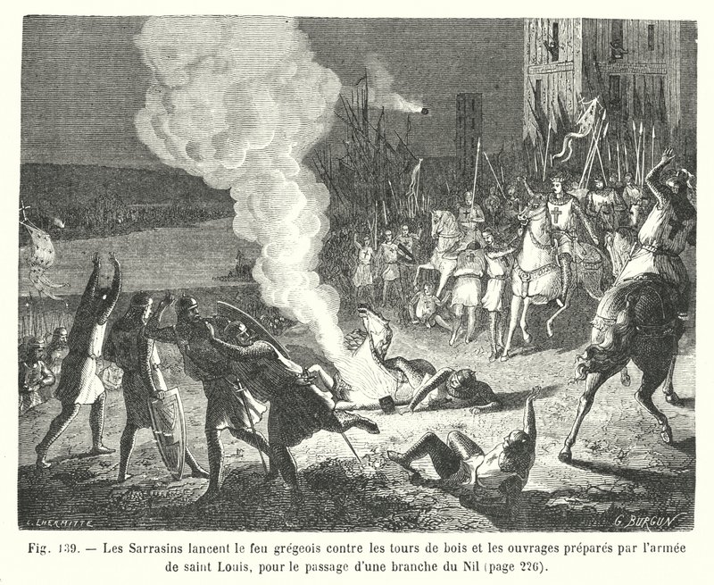 Die Sarazenen werfen griechisches Feuer gegen die Holztürme und die von der Armee des heiligen Ludwig vorbereiteten Werke, um einen Nilarm zu überqueren von European School