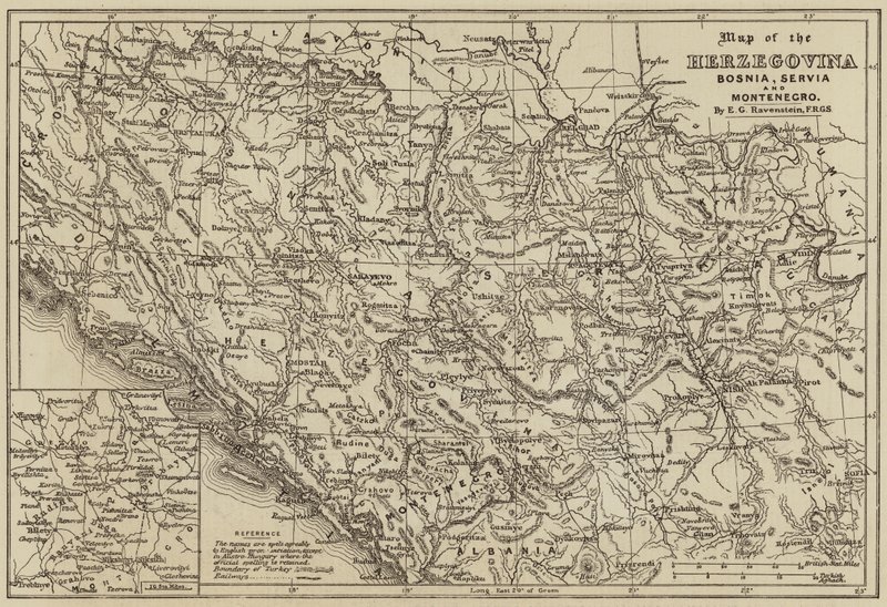 Karte von Herzegowina, Bosnien, Serbien und Montenegro (Gravur) von European School