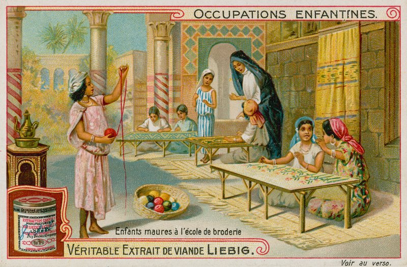 Maurische Kinder arbeiten in einer Stickschule (Chromolithografie) von European School