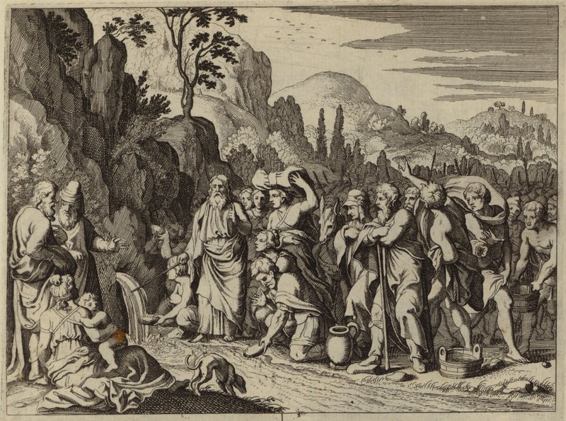 Moses schlägt mit seinem Stab auf den Felsen, um Wasser hervorzubringen (Gravur) von European School