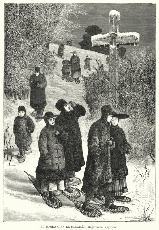 Menschen mit Schneeschuhen kehren am Sonntag von der Kirche zurück, Kanada von European School