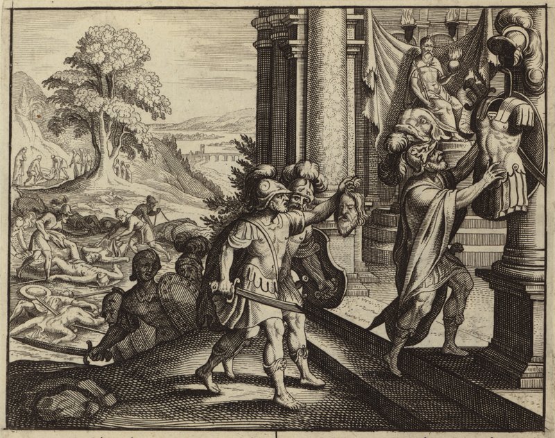 Philister legen den Kopf Sauls in den Tempel ihres Gottes Dagon (Stich) von European School