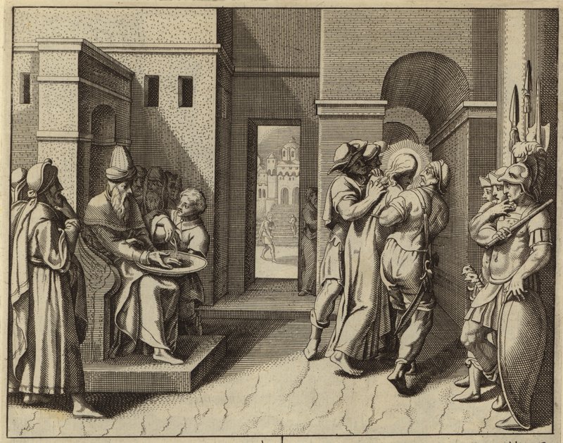 Pontius Pilatus wäscht sich die Hände, nachdem Jesus Christus zum Tode verurteilt wurde (Gravur) von European School
