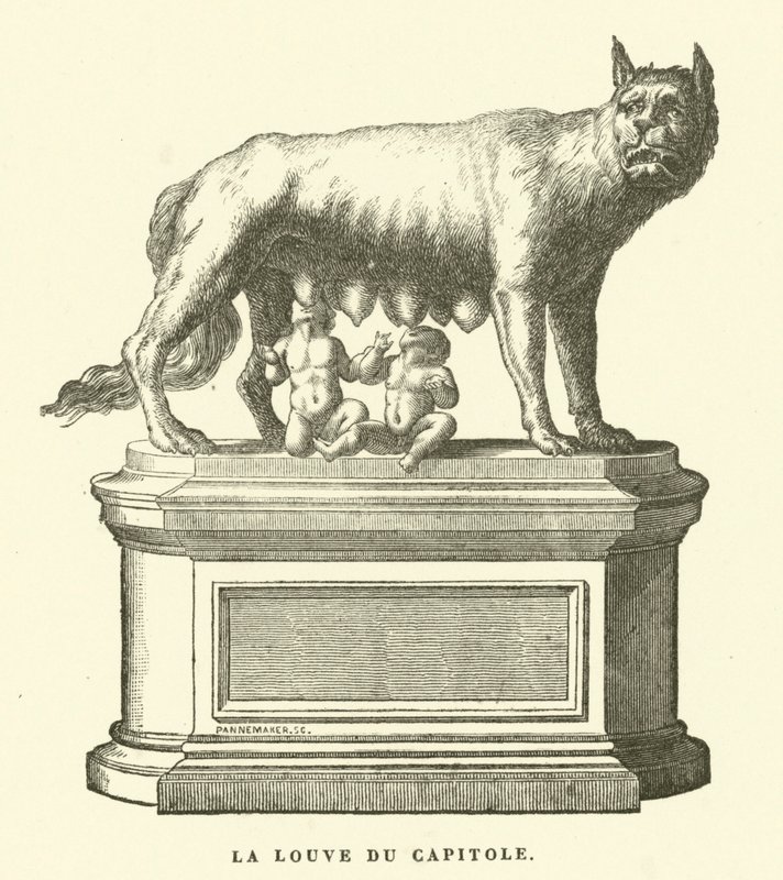 Die kapitolinische Wölfin, Bronzeskulptur, die die Wölfin zeigt, die Romulus und Remus, die Zwillingsgründer Roms, säugt von European School