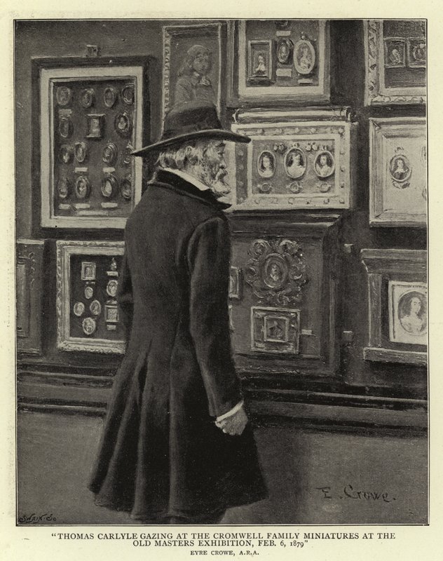 Thomas Carlyle betrachtet die Miniaturen der Familie Cromwell auf der Ausstellung der Alten Meister von Eyre Crowe