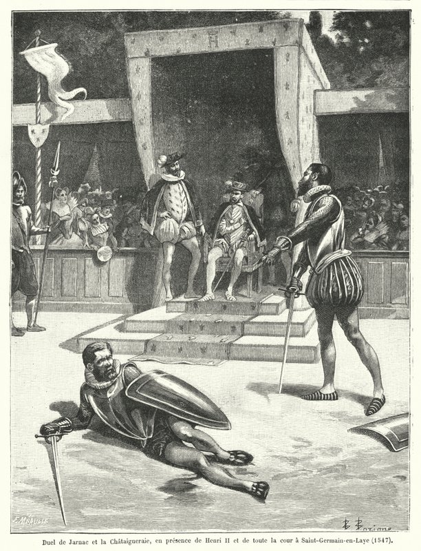 Duell zwischen Guy Cabot de Jarnac und Francois de Vivonne, Seigneur de la Chataigneraie vor König Heinrich II. von Frankreich und seinem gesamten Hof in St Germain-en-Laye von Fortune Louis Meaulle