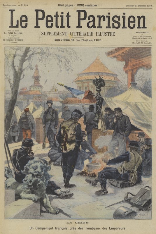 Der Boxeraufstand: Ein Lager französischer Soldaten in der Nähe der Gräber chinesischer Kaiser von Fortune Louis Meaulle