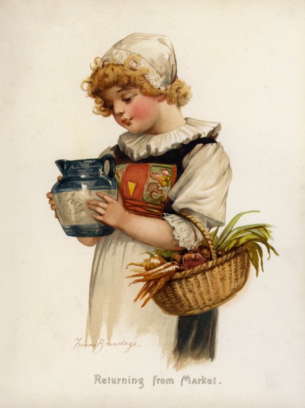 Mädchen: Rückkehr vom Markt (Farblithografie) von Frances Brundage