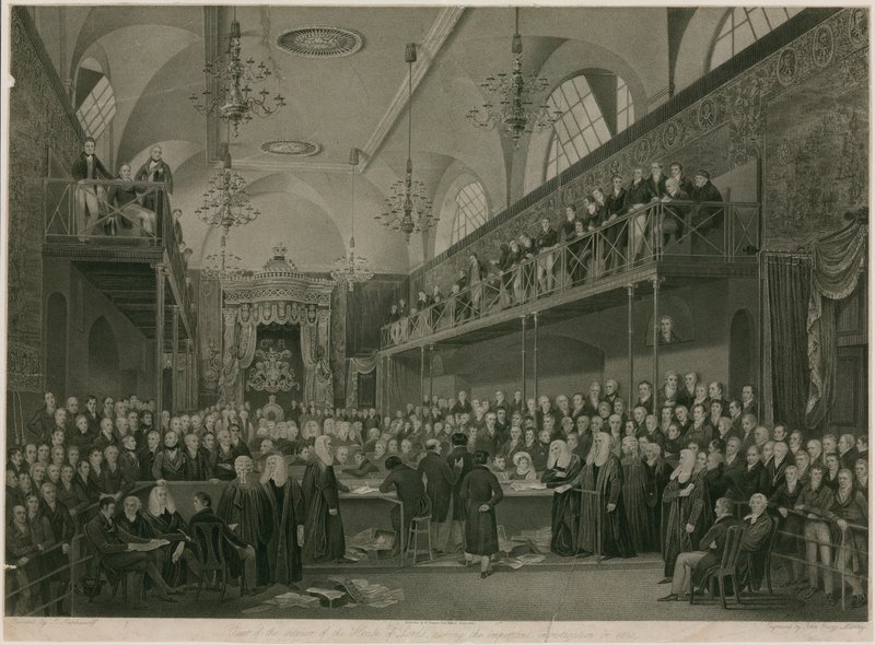 Ansicht des Inneren des House of Lords während der wichtigen Untersuchung im Jahr 1820 (Gravur) von Francis Phillip (after) Stephanoff