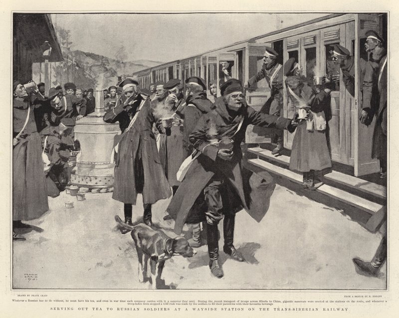 Teeausschank an russische Soldaten an einer Wegstation der Transsibirischen Eisenbahn von Frank Craig
