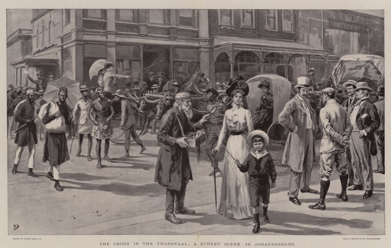 Die Krise im Transvaal, eine Straßenszene in Johannesburg von Frank Dadd
