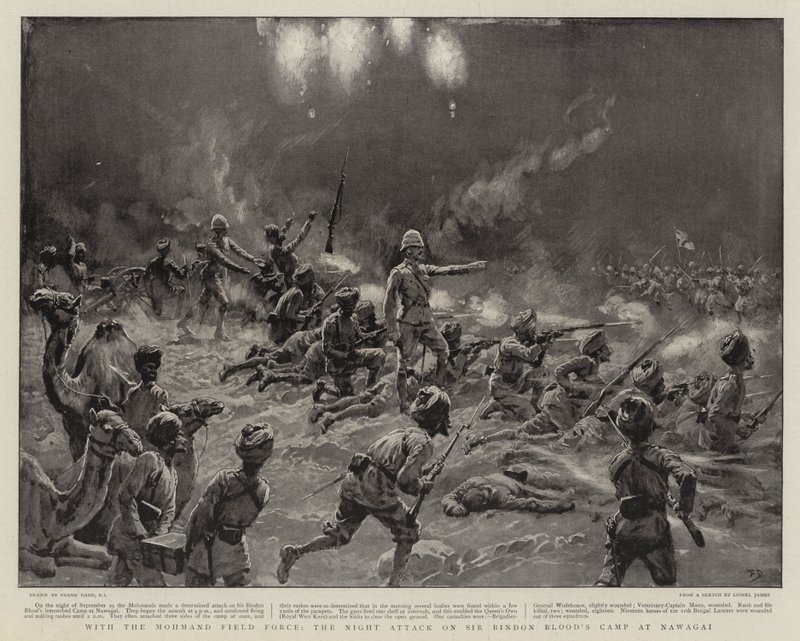 Mit der Mohmand-Feldtruppe, der Nachtangriff auf Sir Bindon Bloods Lager in Nawagai von Frank Dadd