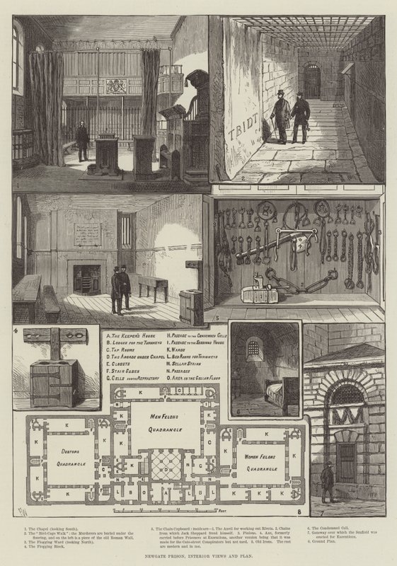 Newgate-Gefängnis, Innenansichten und Plan von Frank Watkins