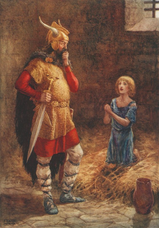 Havelok bittet Gottard um Gnade, aus der alten Ballade Havelok der Däne von Frank Adams