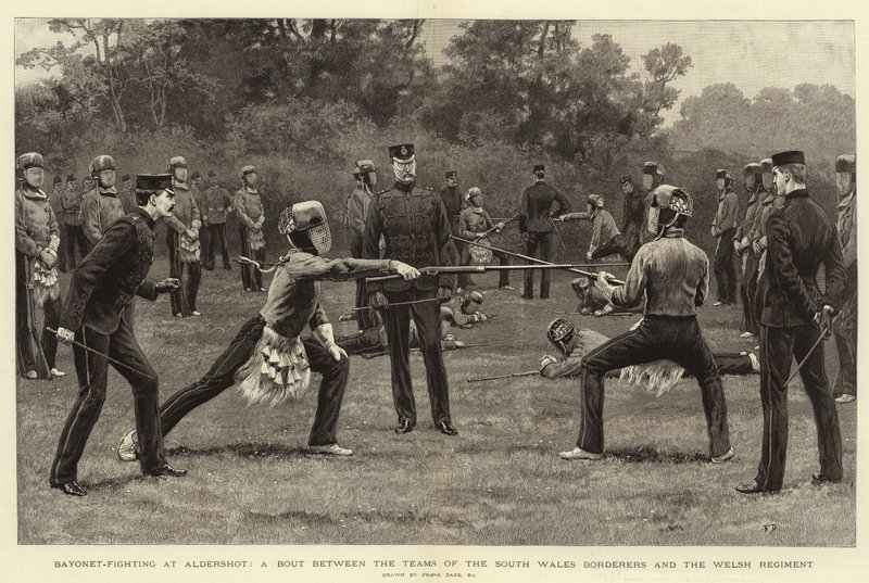 Bajonettkampf in Aldershot, ein Kampf zwischen den Teams der South Wales Borderers und des Welsh Regiments von Frank Dadd