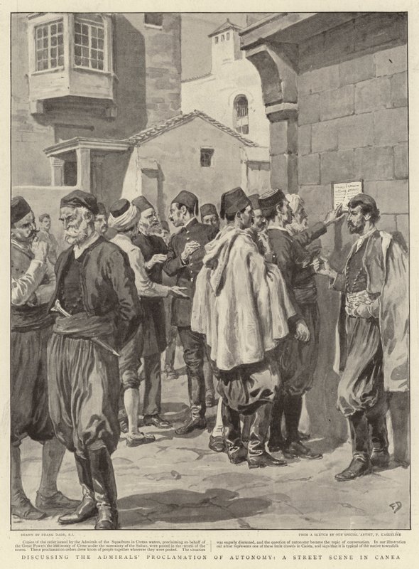 Diskussion über die Proklamation der Autonomie des Admirals, Straßenszene in Canea von Frank Dadd