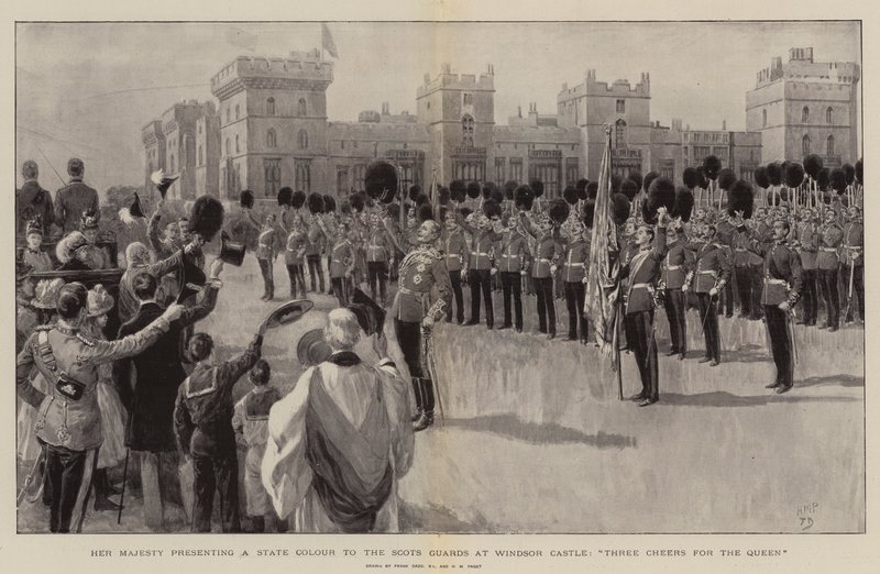 Ihre Majestät überreicht eine Staatsfahne an die Scots Guards im Windsor Castle, Drei Hochs auf die Königin von Frank Dadd