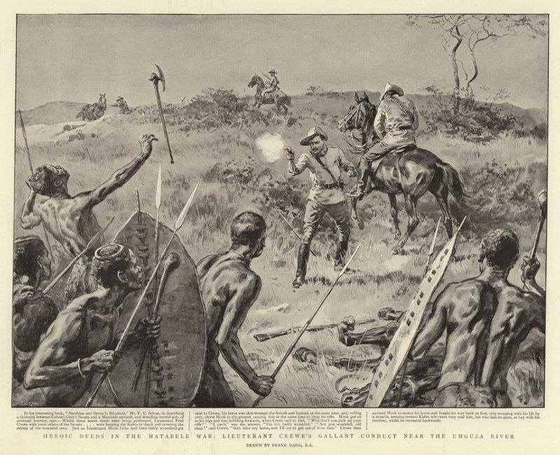 Heroische Taten im Matabele-Krieg, Leutnant Crewes tapferes Verhalten in der Nähe des Umguza-Flusses von Frank Dadd