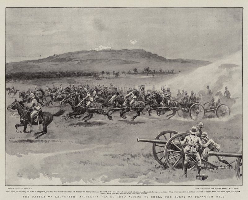 Die Schlacht von Ladysmith, Artillerie rast in Aktion, um die Buren auf dem Pepworth Hill zu beschießen von Frank Dadd