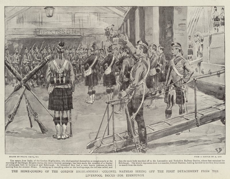 Die Heimkehr der Gordon Highlanders, Colonel Mathias verabschiedet das erste Detachement von den Liverpooler Docks nach Edinburgh von Frank Dadd