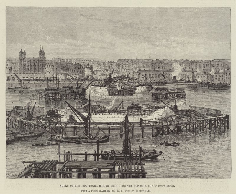 Arbeiten an der neuen Tower Bridge, gesehen von der Spitze eines 100 Fuß hohen Schachts von Frank Watkins