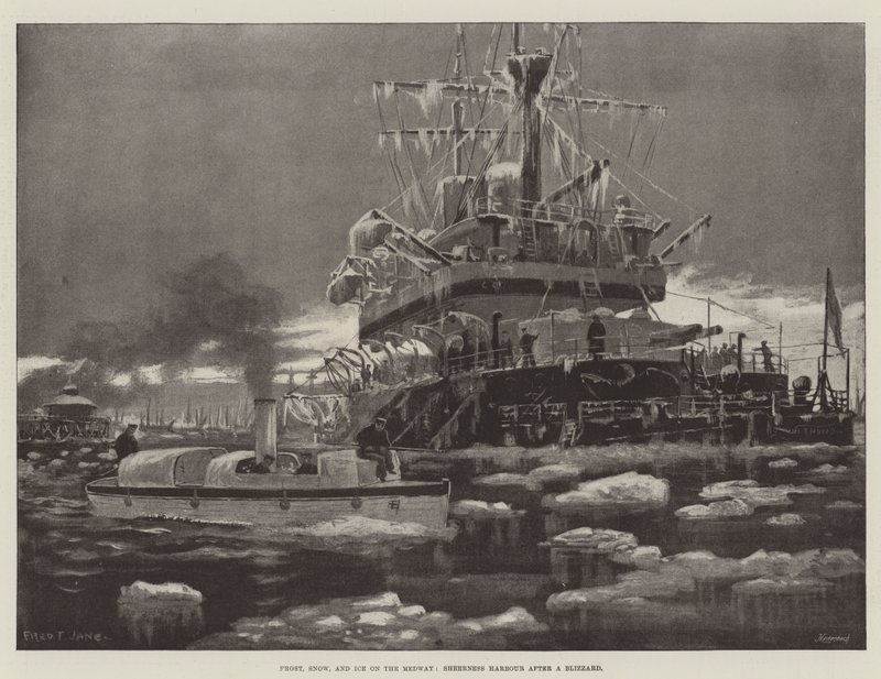 Frost, Schnee und Eis auf der Medway, Sheerness Harbour nach einem Schneesturm von Fred T. Jane
