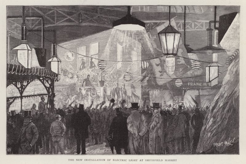 Neue Installation von elektrischem Licht auf dem Smithfield Market, London von Fred T. Jane