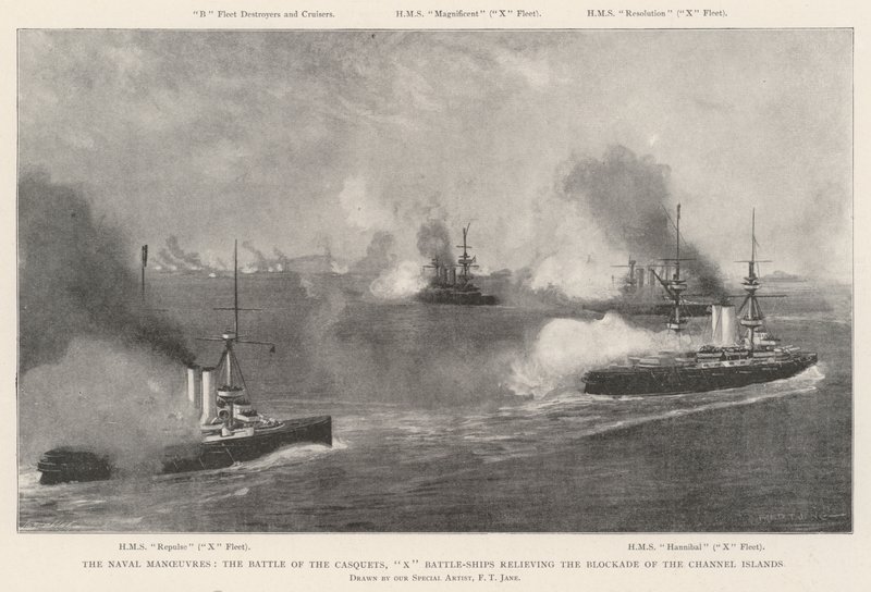 Die Marine-Manöver, die Schlacht von Casquets, X Schlachtschiffe entlasten die Blockade der Kanalinseln von Fred T. Jane