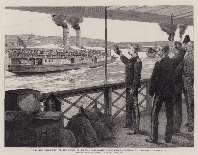 Die Nil-Expedition zur Rettung von General Gordon, die Black Watch jubelt Lord Wolseley am Nil zu von Frederic Villiers
