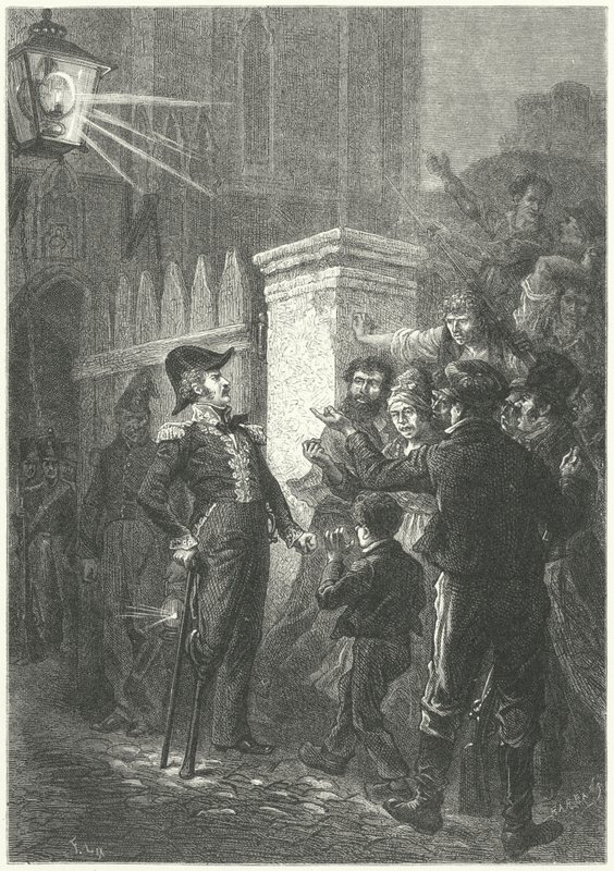 General Daumesnil konfrontiert den Pariser Mob vor dem Château de Vincennes während der Französischen Revolution von 1830 (Stich) von Frederic Theodore (after) Lix