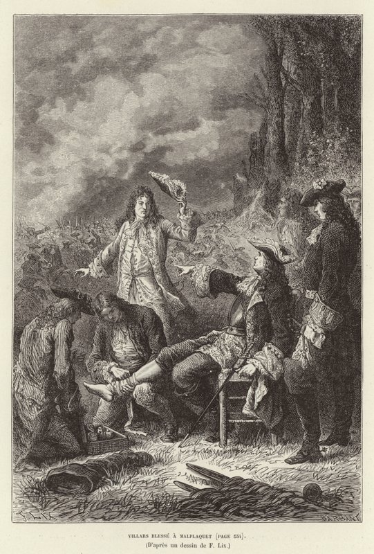 Villars verwundet bei Malplaquet. Claude Louis Hector de Villars, Marschall von Frankreich, verwundet in der Schlacht bei Malplaquet, Spanischer Erbfolgekrieg von Frederic Theodore Lix