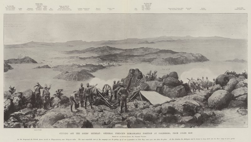Abschneiden des Rückzugs der Buren, General Frenchs bemerkenswerte Position bei Colesberg, von Coles Kop von Frederic Villiers