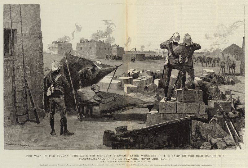 Der Krieg im Sudan, der verstorbene Sir Herbert Stewart liegt verwundet im Lager am Nil während der Aufklärung in Richtung Metemmeh, 21. Januar von Frederic Villiers
