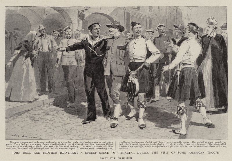 John Bull und Bruder Jonathan, eine Straßenszene in Gibraltar während des Besuchs einiger amerikanischer Truppen von Frederic de Haenen