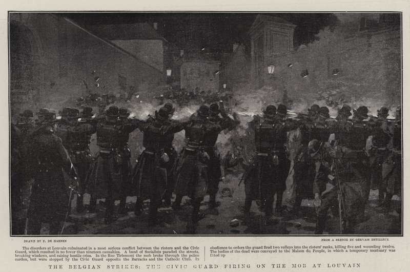 Die belgischen Streiks, die Bürgerwehr schießt auf den Mob in Löwen von Frederic de Haenen