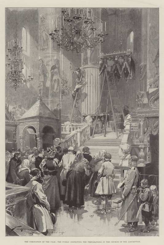 Die Krönung des Zaren, die Öffentlichkeit inspiziert die Vorbereitungen in der Mariä-Entschlafens-Kirche von Frederic de Haenen