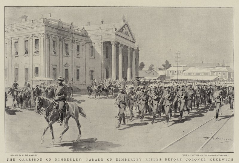 Die Garnison von Kimberley, Parade der Kimberley-Gewehre vor Colonel Kekewich von Frederic de Haenen