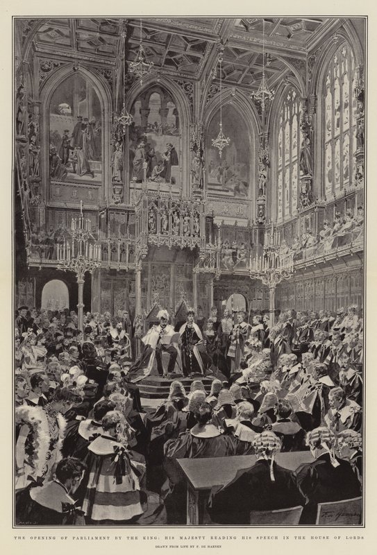 Die Eröffnung des Parlaments durch den König, Seine Majestät liest seine Rede im House of Lords von Frederic de Haenen