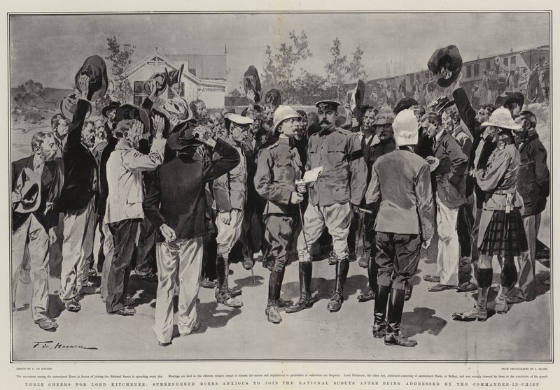 Drei Hochs auf Lord Kitchener, übergebene Buren wollen sich nach Ansprache des Oberbefehlshabers den National Scouts anschließen von Frederic de Haenen