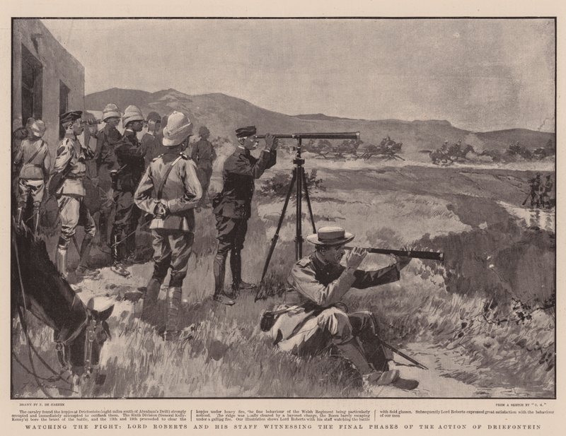 Beobachtung des Kampfes, Lord Roberts und sein Stab beobachten die letzten Phasen der Aktion von Driefontein von Frederic de Haenen