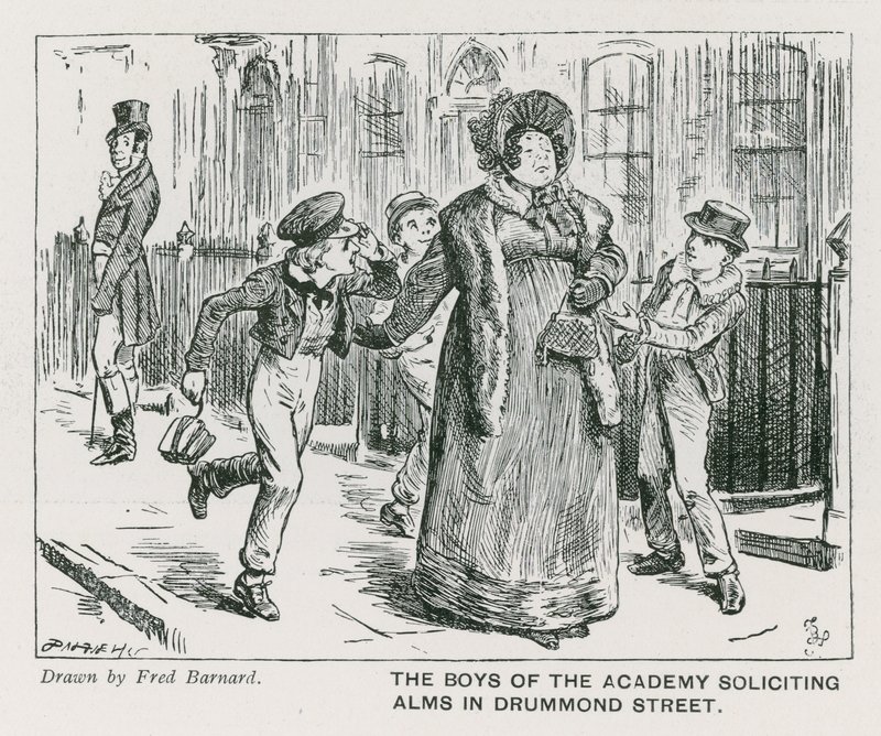 Die Jungen der Wellington House Academy, die in der Drummond Street Almosen erbitten (Stich) von Frederick (after) Barnard