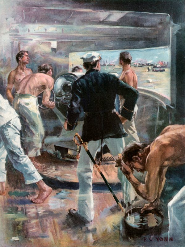 Die Schlacht in der Bucht von Manila.--Kampf mit einer Sechs-Zoll-Kanone an Bord der Olympia von Frederick Coffay Yohn